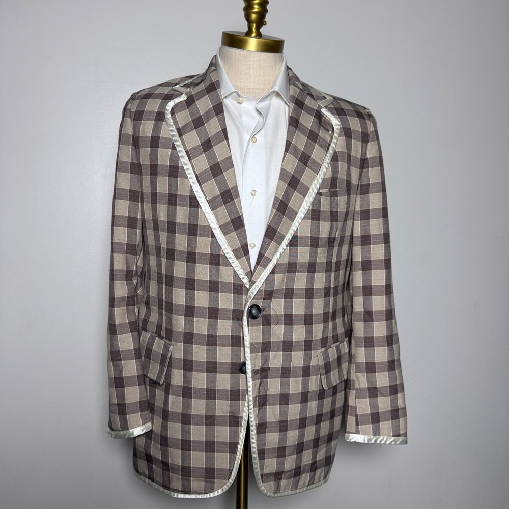 Roger Stuart Blazer Mens 40L Brown Plaid Custom Stage Costume Satin Trim Vintage